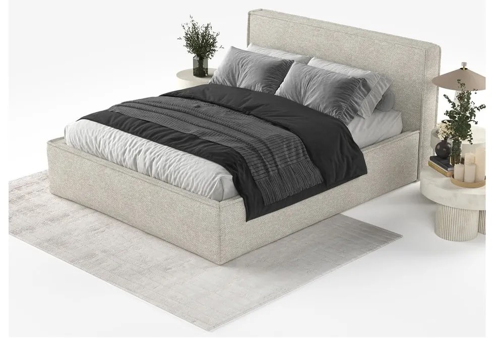 Beżowe tapicerowane łóżko dwuosobowe ze schowkiem i stelażem 200x200 cm Lounge L – Maison de Rêve