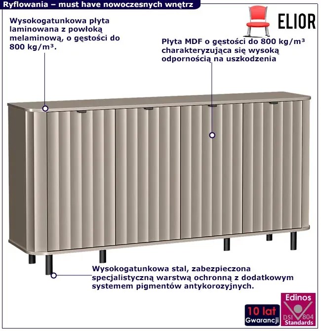Szara długa ryflowana komoda z półkami glina P2-B22