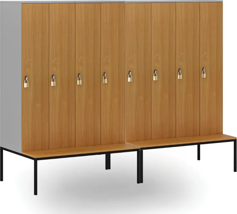 Drewniana szafa ubraniowa S4 z ławką, 4-drzwiowa, 1871 x 1200 x 500/800 mm, demontaż, zamek obrotowy, szary/czerwony