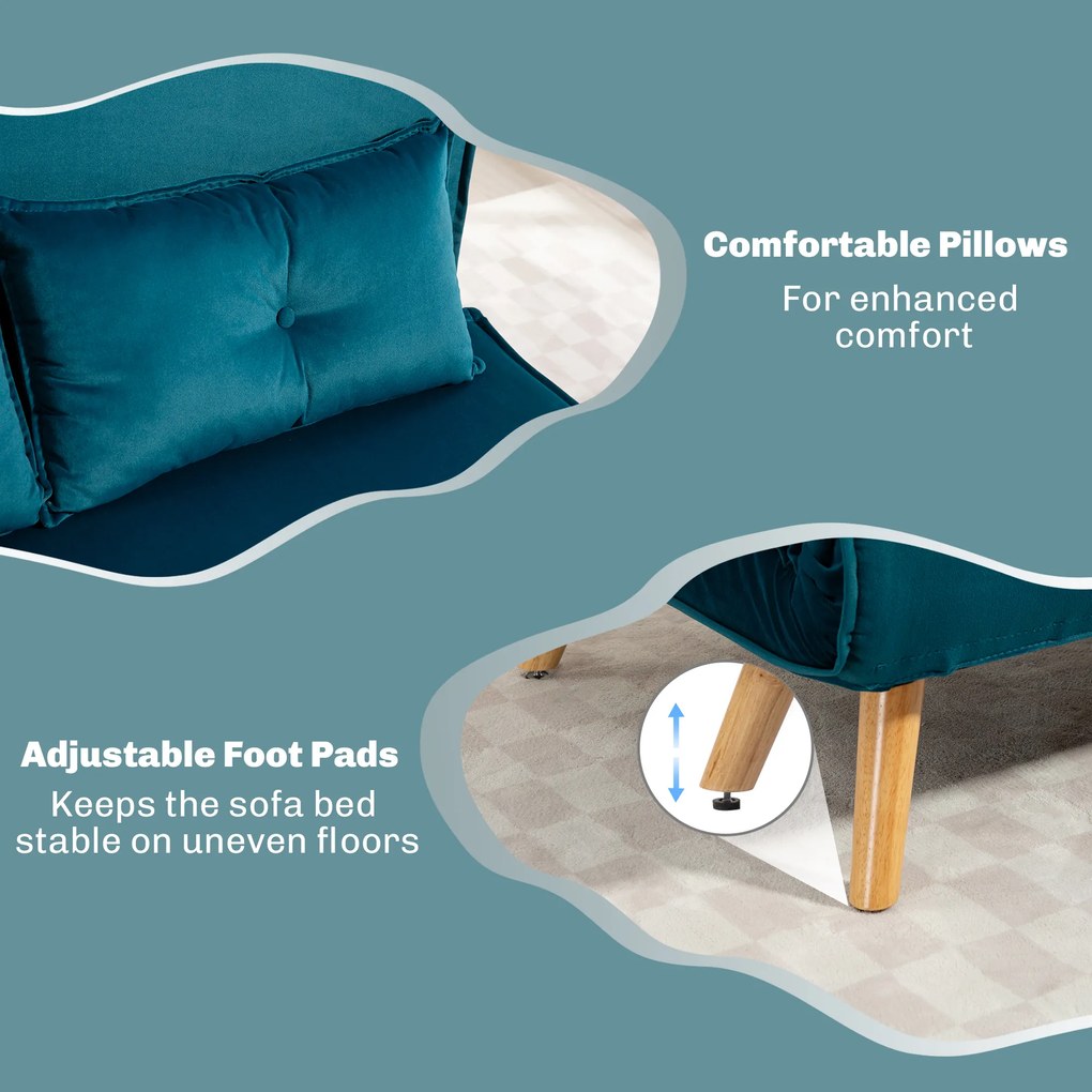 HOMCOM 2-osobowa sofa rozkładana, łóżko sofa, transformowalna kanapa, regulowane oparcie, materiał obiciowy, stalowy stelaż, zielona