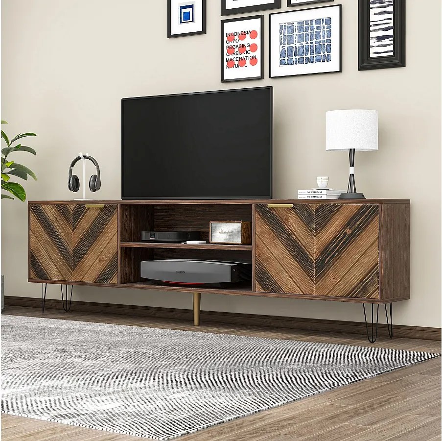 Szafka RTV z 2 drzwiami i 2 wnękami - Płyta wiórowa - Nogi żelazne - Kolor naturalny