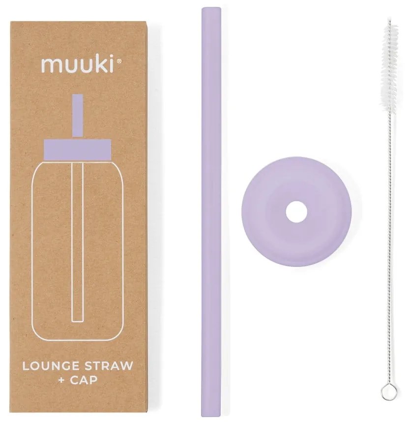 Silikonowa słomka z wieczkiem i szczoteczką w komplecie Pastel Lilac – Muuki