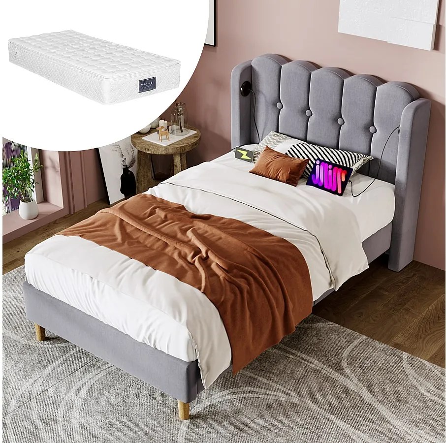 Łóżko dziecięce 90x200 cm - z zagłówkiem, portem USB/typu C, stelażem - len - szare - materac w cenie