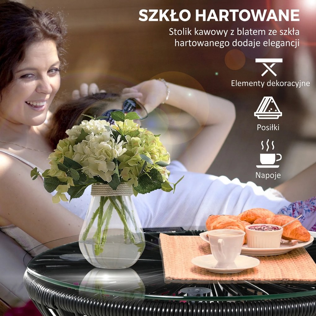 Outsunny Stolik ogrodowy w stylu boho, odporny na warunki atmosferyczne, PE-Rattan, 40 cm x 40 cm x 42 cm, Czarny
