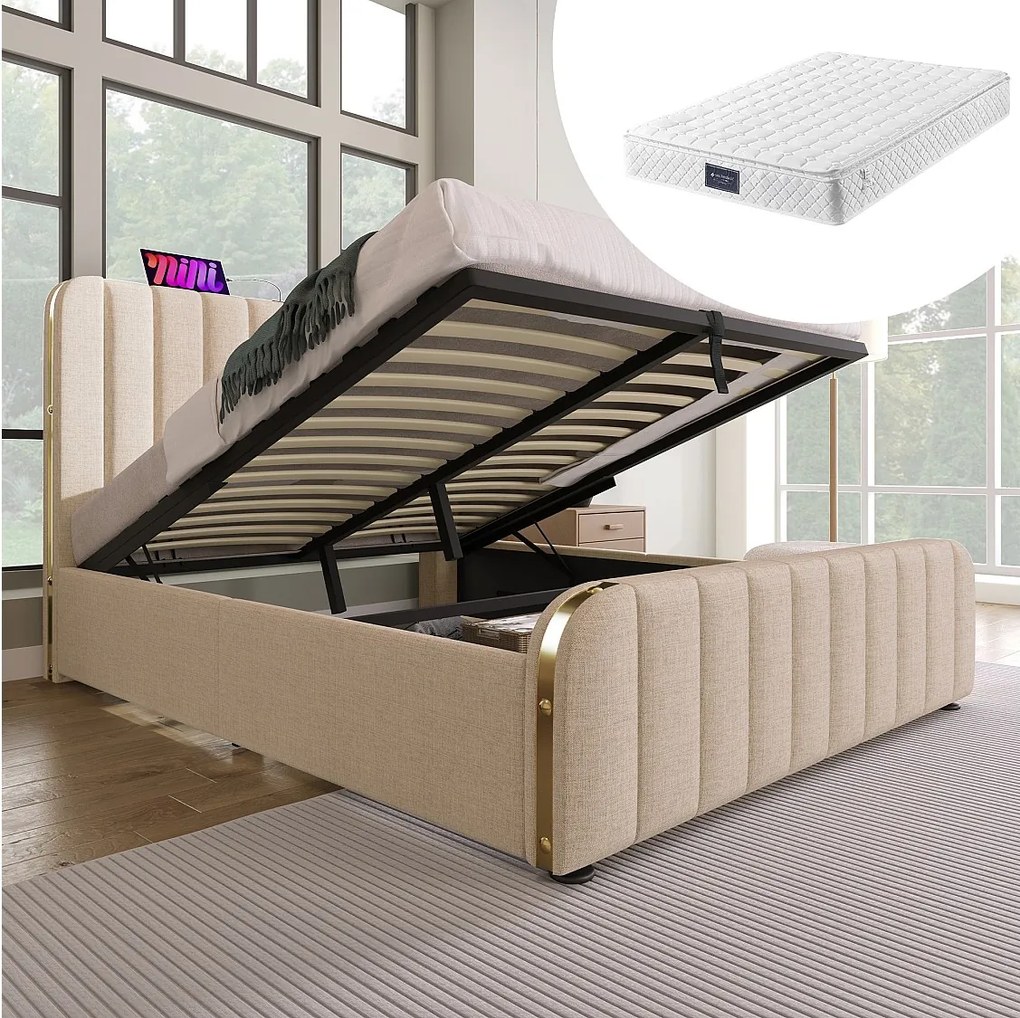 Łóżko tapicerowane z pojemnikiem na pościel - 140 x 200 cm - Materac + Zagłówek z USB - Tkanina lniana - Beżowy