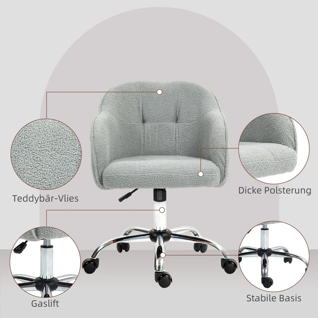 HOMCOM Fotel biurowy, ergonomiczny fotel obrotowy z funkcją bujania, tekstura misiej tkaniny 56 x 61 x 86 cm Szary