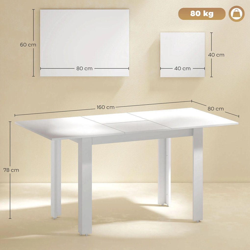 HOMCOM Rozkładany stół jadalniany 120-160 x 70 cm, regulowany stół kuchenny dla 4-6 osób, MDF, biały wysoki połysk