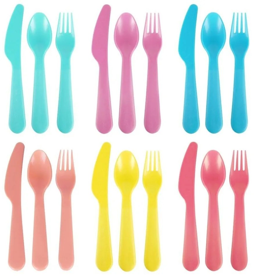 Zestaw plastikowych sztućców dla dzieci Rainbow, 18 sztuk, 6 kolorów
