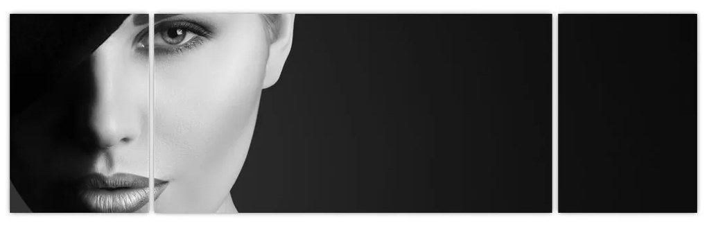 Obraz - Czarno - biały portret kobiety w kapeluszu (170x50 cm)