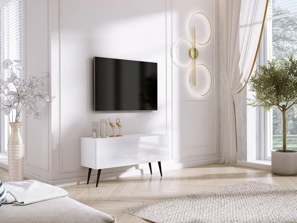 Szafka RTV, Biały Matowy / Biały Błyszczący, nogi czarne, 100 x 52 x 32 cm