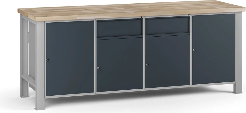 Stół warsztatowy G7, blat bukowy, 2100 x 685 x 840 mm, 4x szafka, 2x szuflada, grafitowy