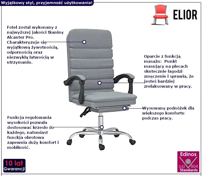 Jasnoszary rozkładany fotel biurowy z podnóżkiem masujący - Olion 5X