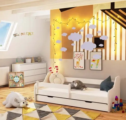 Białe łóżko dziecięce z barierką i szufladą R4-T62