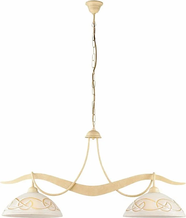 Bilbao – żyrandol z lakierowanego żelaza w kolorze kości słoniowej, dekor piklowany, białe i bursztynowe klosze szklane Ø30 cm, 2 światła, 89x30 cm