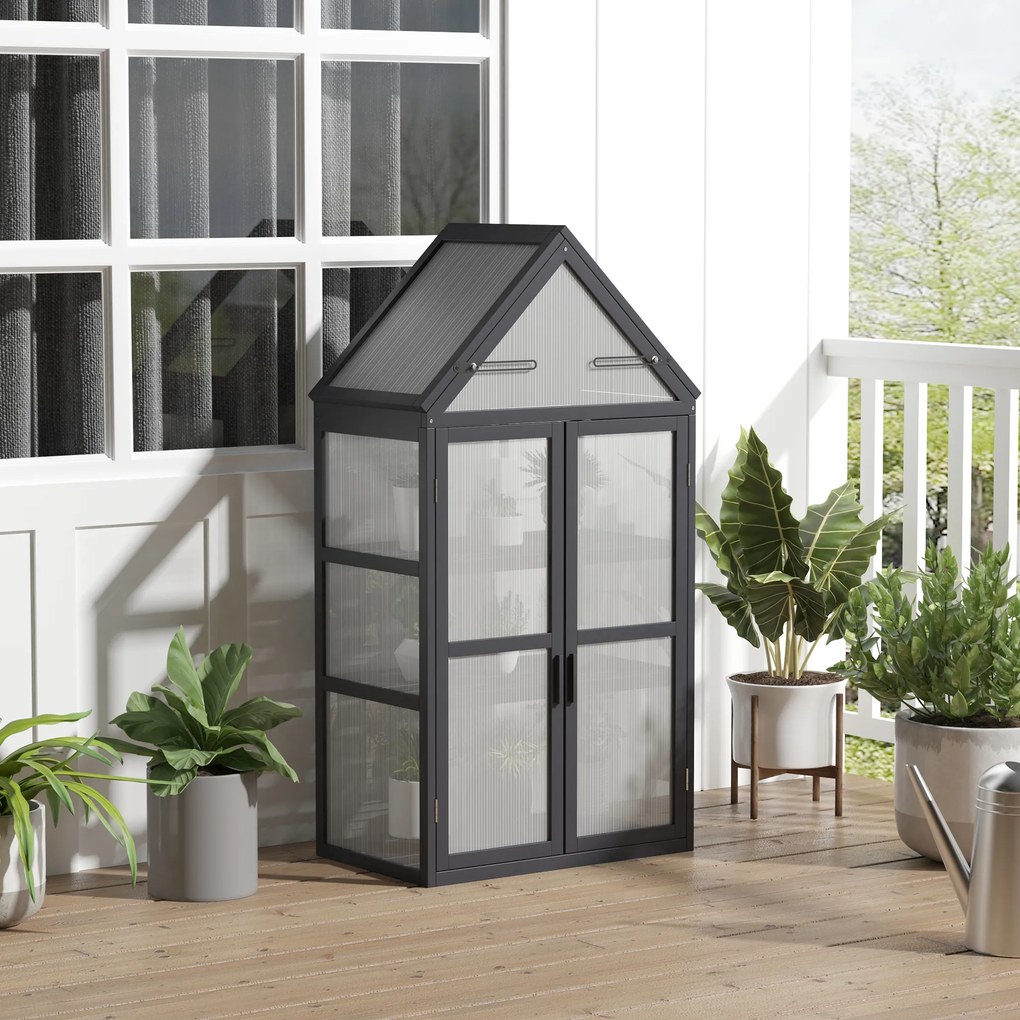 Szklarnia Mini Outsunny 3 Poziomy Treibhaus Ziołowy z Otwieranym Dachem Podwójne Drzwi Drewniane Poliwęglan Wodoodporna Naturalna 70,5 x 42 x 132 cm