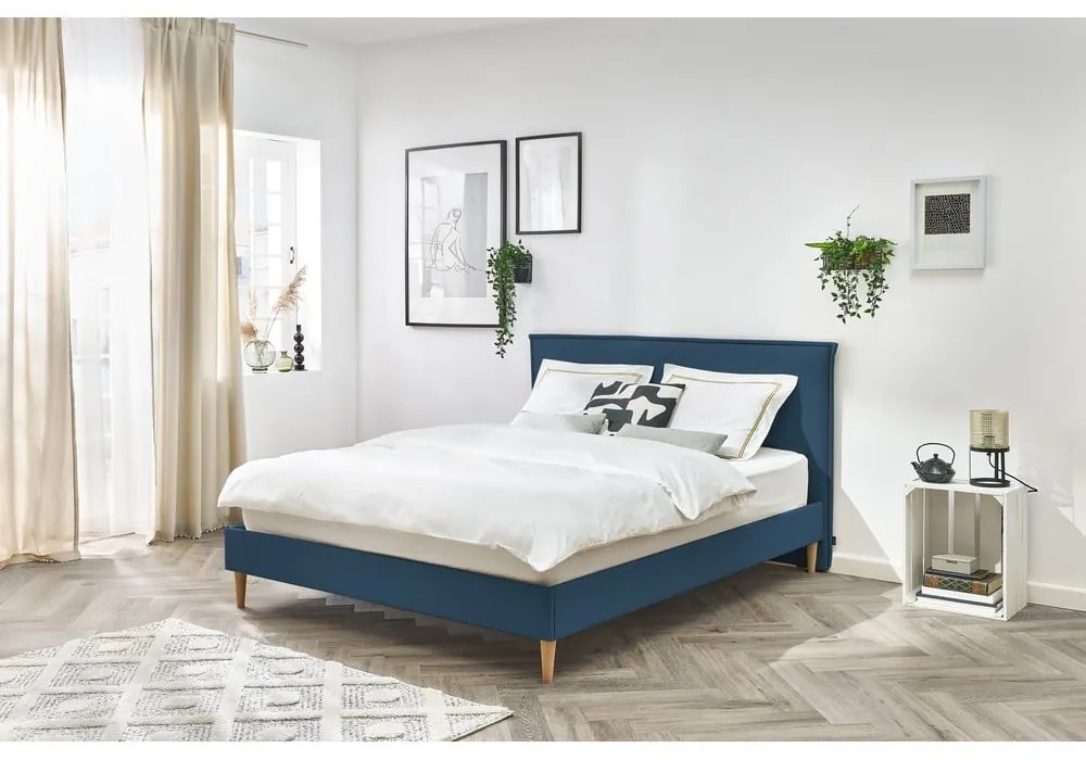 Niebieske tapicerowane łóżko dwuosobowe ze stelażem 160x200 cm Sary – Bobochic Paris