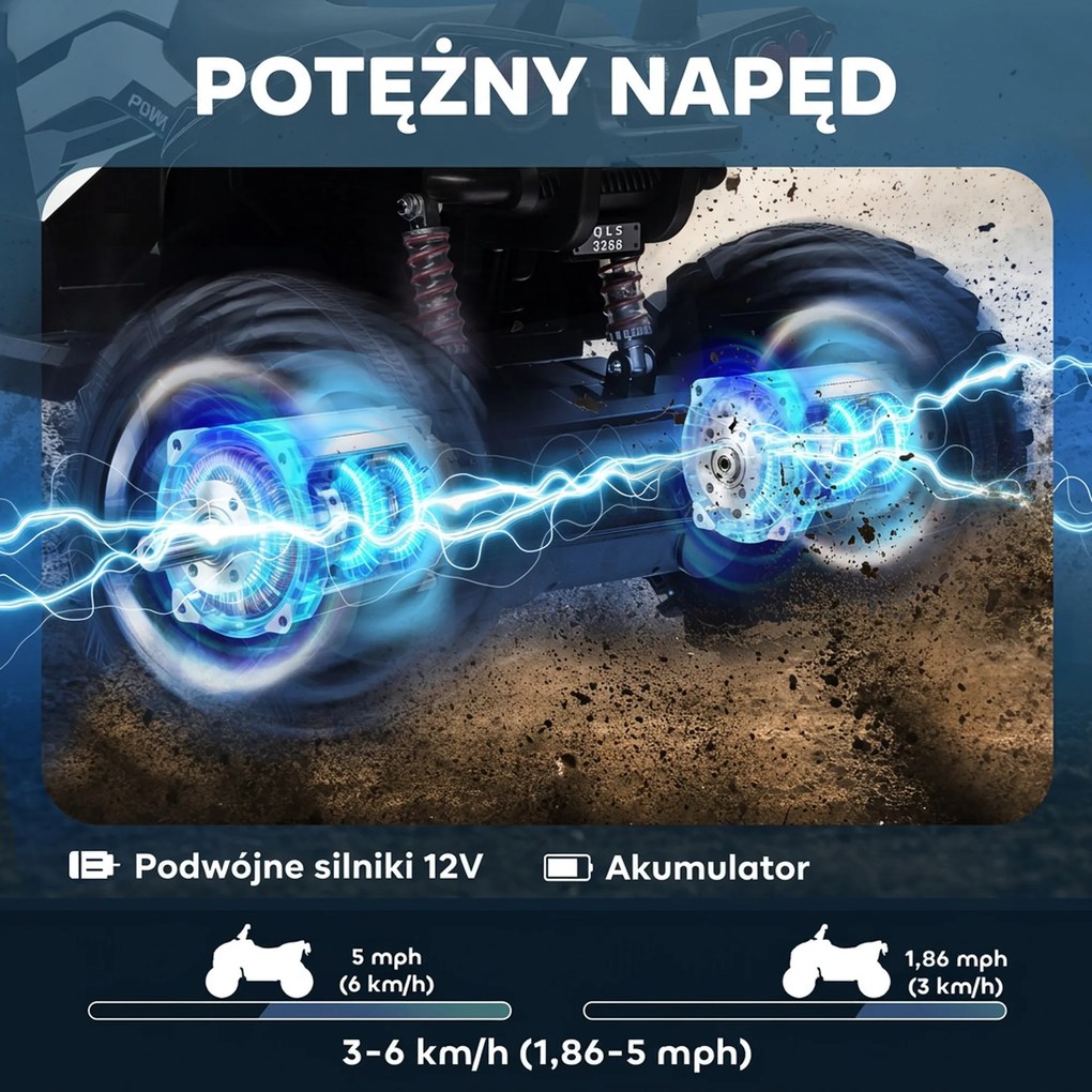 HOMCOM Elektryczny quad dla dzieci, prędkość 3-8 km/h, czas jazdy 45 min, reflektor LED, odtwarzacz muzyczny USB, dla dzieci 3-5 lat | Aosom PL