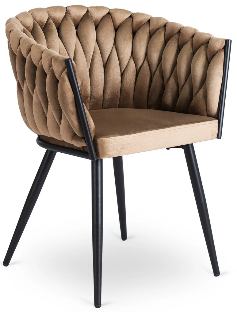 Krzesło Tapicerowane Plecione do Salonu ELENA Beżowe Welurowe Nowoczesne Loft