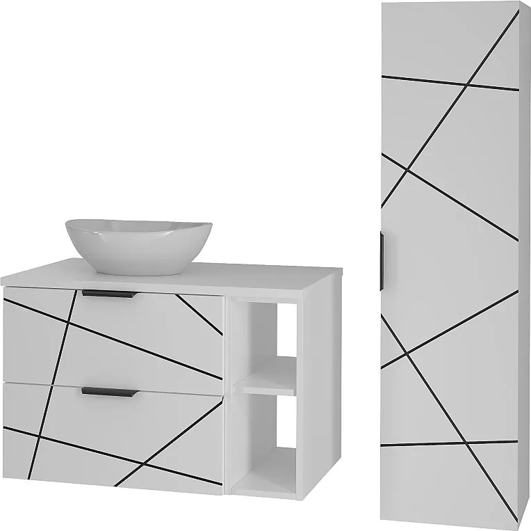 Zestaw Łazienkowy 80cm Szafka z Blatem Regał Umywalka Słupek Biały Mat Wood