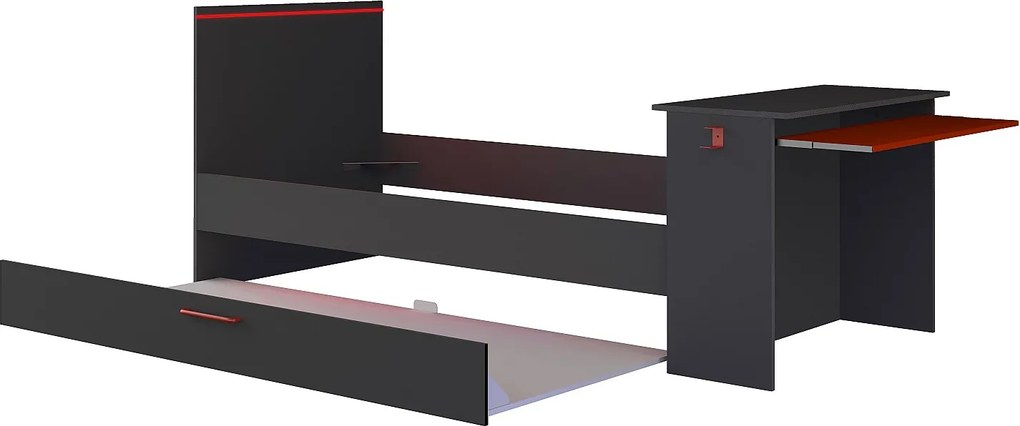Łóżko wysuwane dla graczy 2 x 90 x 200 - Z biurkiem - Diody LED - Antracyt i czerwień + Stelaż - VOUANI