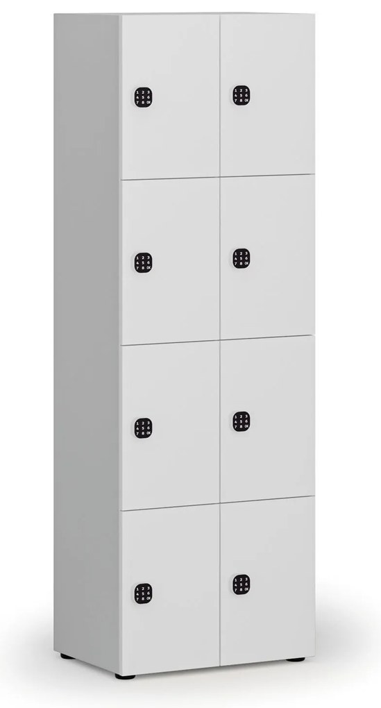 Drewniana szafka skrytkowa S4, 8 schowków, demontaż, zamek kodowy, szary/biały