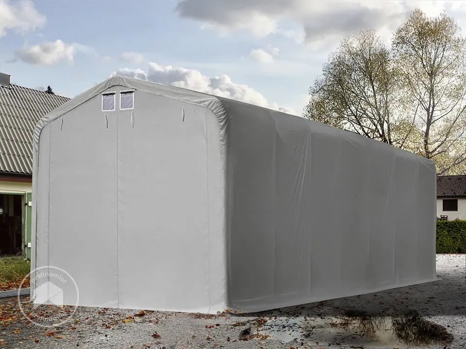 TOOLPORT 4x16m Namiot garażowy - 3,35 m wysokość ścian bocznych z 3,5x3,5m brama, PVC 850, szary, bez statyki - (99476)