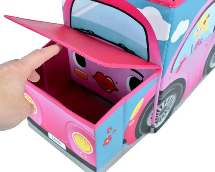 Różowa pufa autko z podwójnym schowkiem na zabawki L0-B14