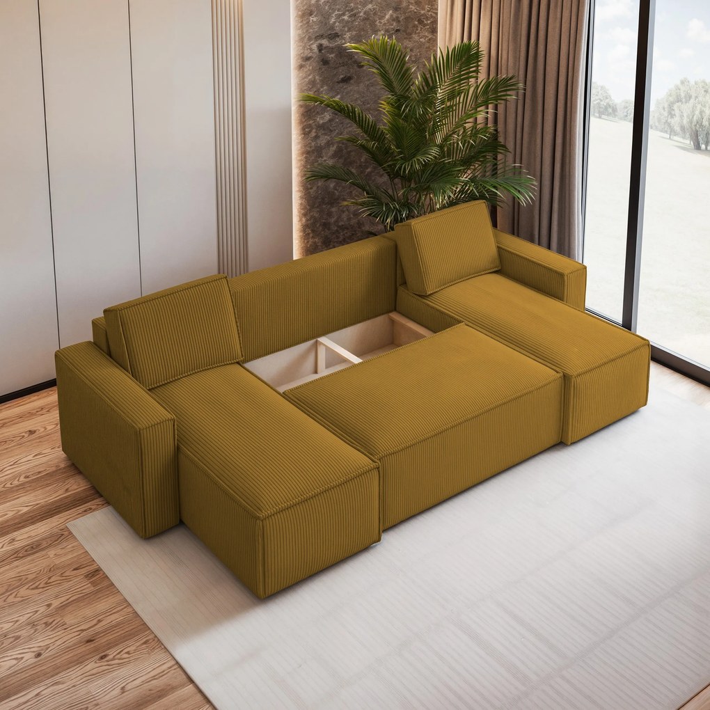 Masseno Narożnik PESANO z funkcją spania i pojemnikiem na pościel Narozniki U, Rozkładana sofa - Żółty, POSO 01