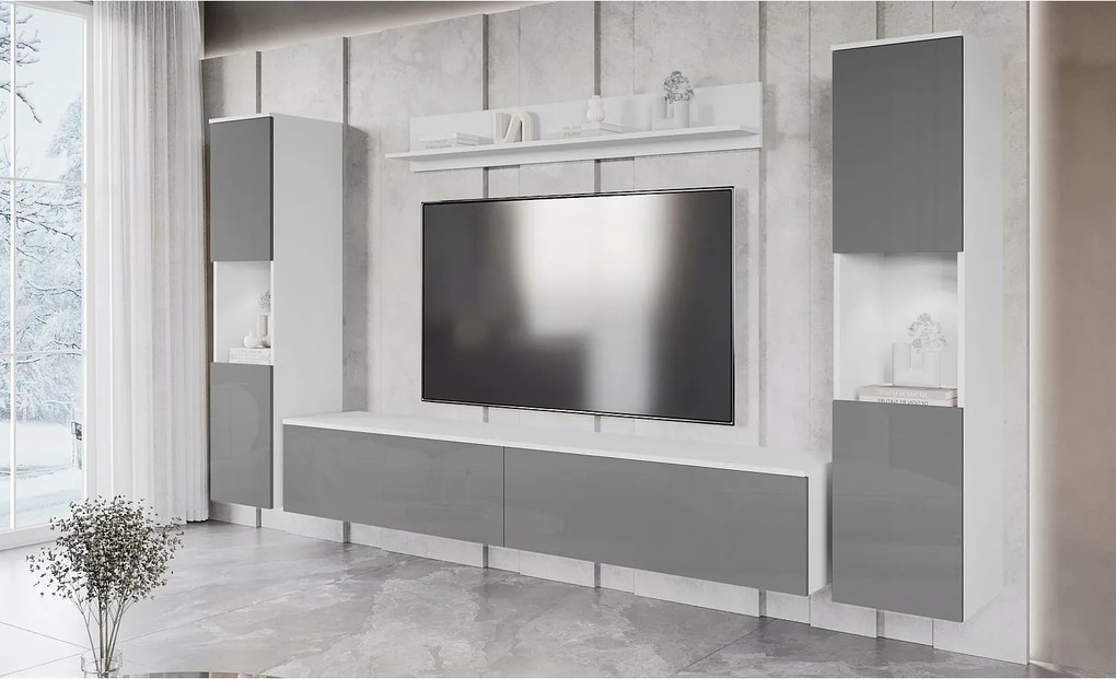 Nowoczesna meblościanka 4-elementowa do salonu z LED, 2 słupki, szafka RTV 180 cm i półka, korpus biały mat, fronty szary połysk