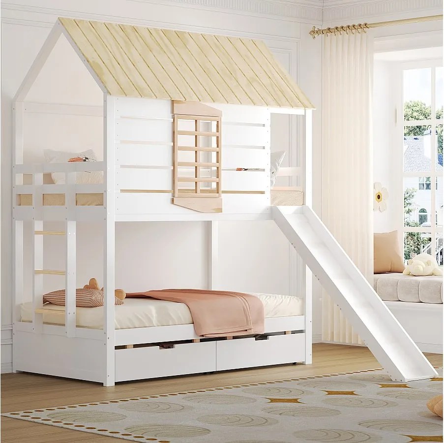 Łóżko piętrowe dla dzieci w kształcie domku - 2 x 90 x 200 cm - ze zjeżdżalnią + 2 szuflady - MDF + drewno - kolor biały i naturalny