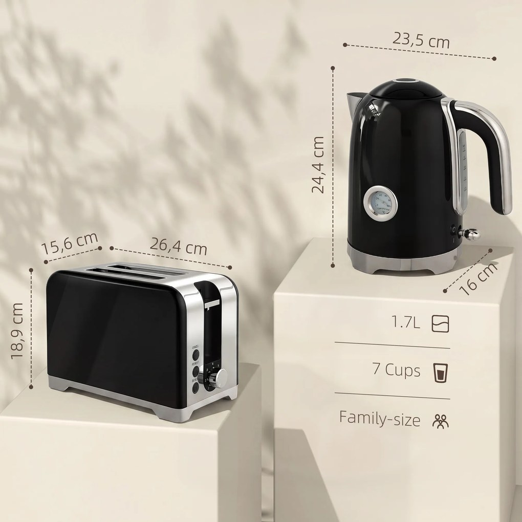 HOMCOM Zestaw czajnik i toster z termometrem, 1,7 l, czajnik 2200 W, toster 2-szczelinowy z 7 stopniami opiekania | Aosom PL