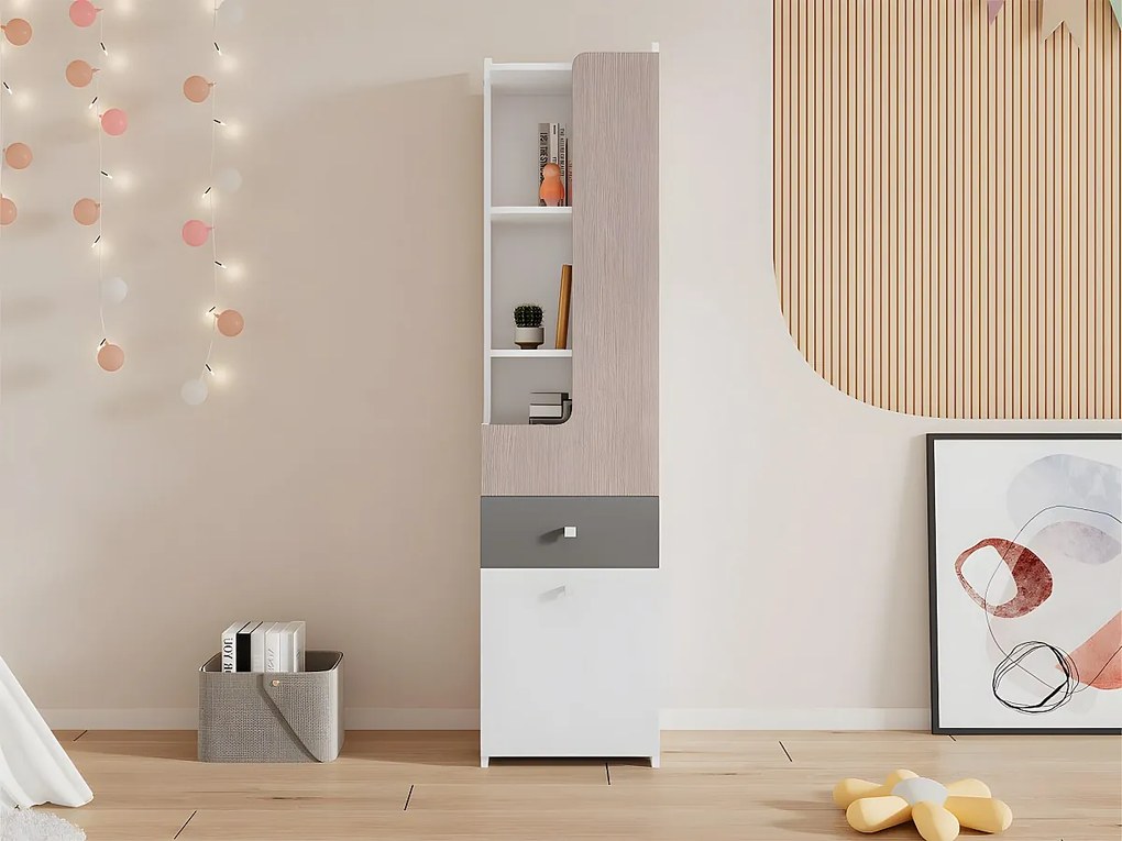 Biblioteka z szufladami i ekspozytorem - z MDF - Biała i Jasnoszara