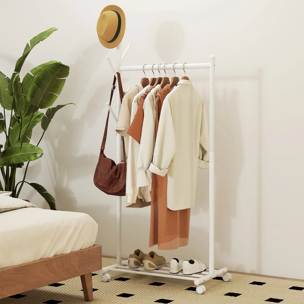 HOMCOM Stojak na ubrania z kółkami, mobilny wieszak z drążkiem, 5 haczyków, półka na buty, biały