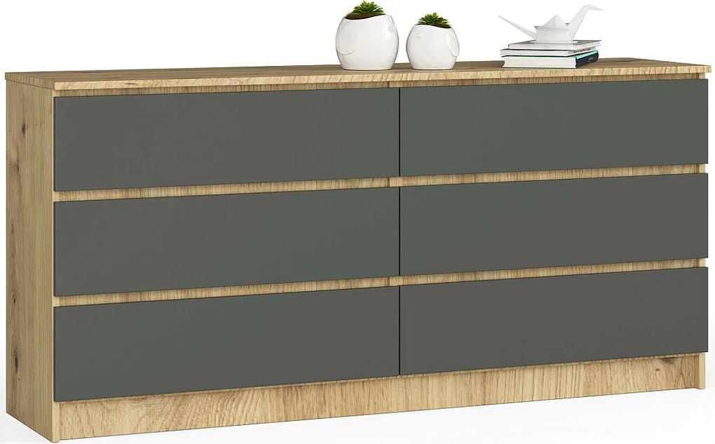 Komoda AKORD K160 Dąb Artisan 160 cm 6 szuflad kolor Grafit Szary mat 160x40x77 cm