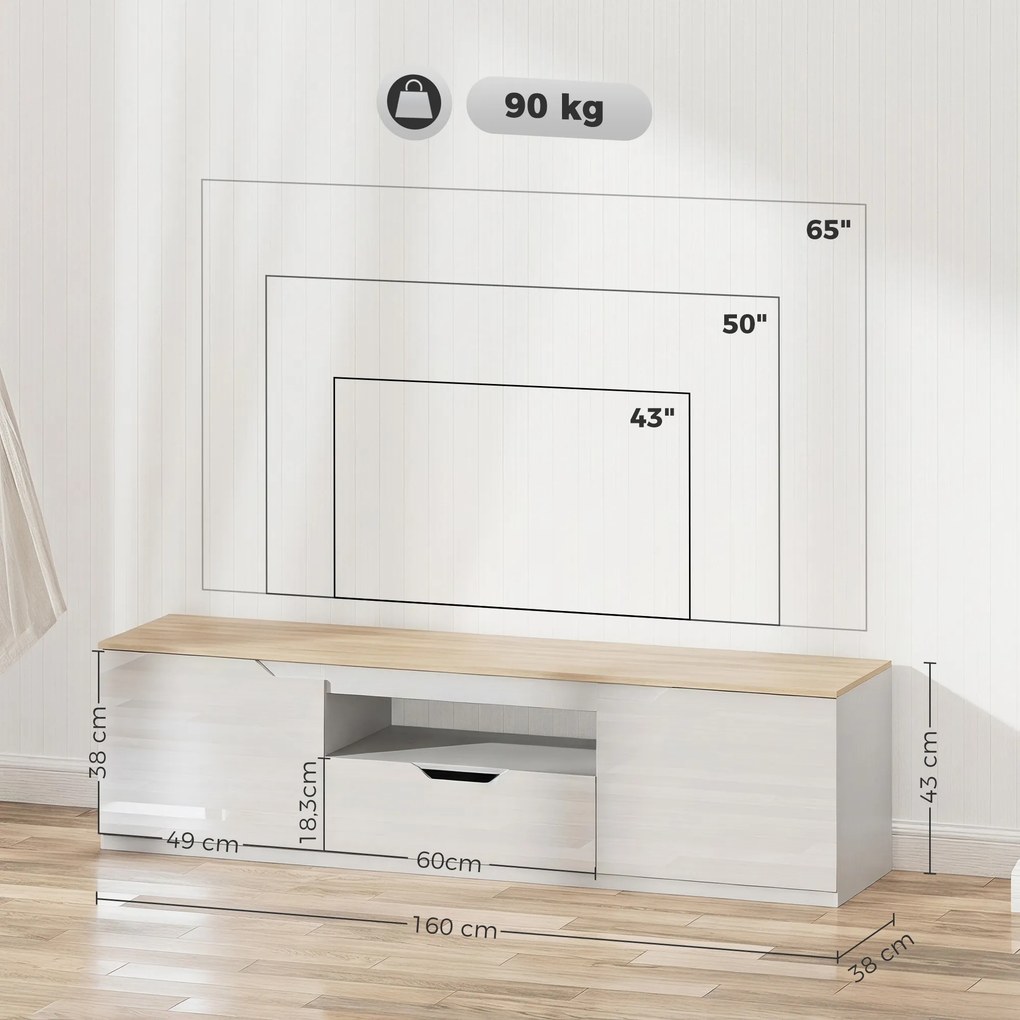HOMCOM Lowboard TV, wysoki połysk, dla telewizorów do 165 cm, 3 schowki, szuflada, 160 x 38 x 43 cm, naturalne drewno | Aosom PL
