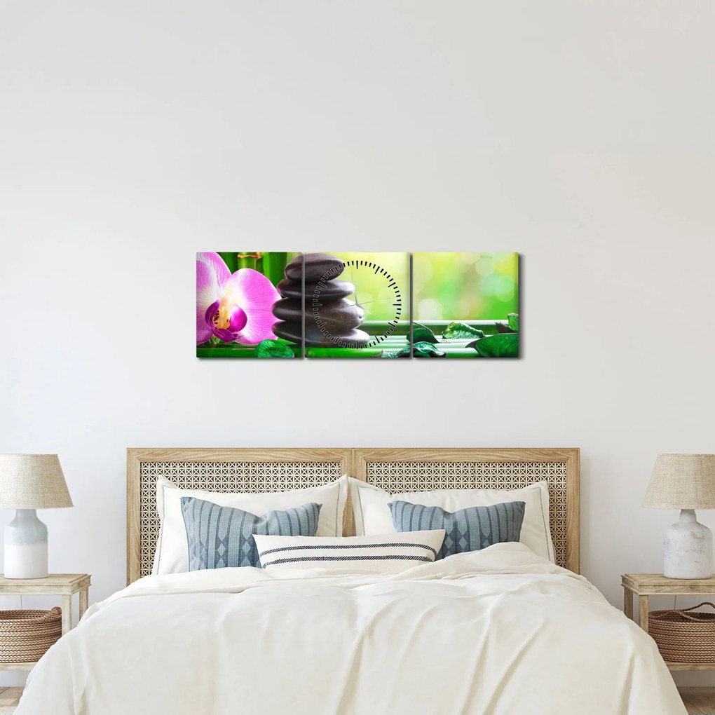 Obraz kamieni do masażu i storczyków na wodzie (z zegarem) (90x30 cm)