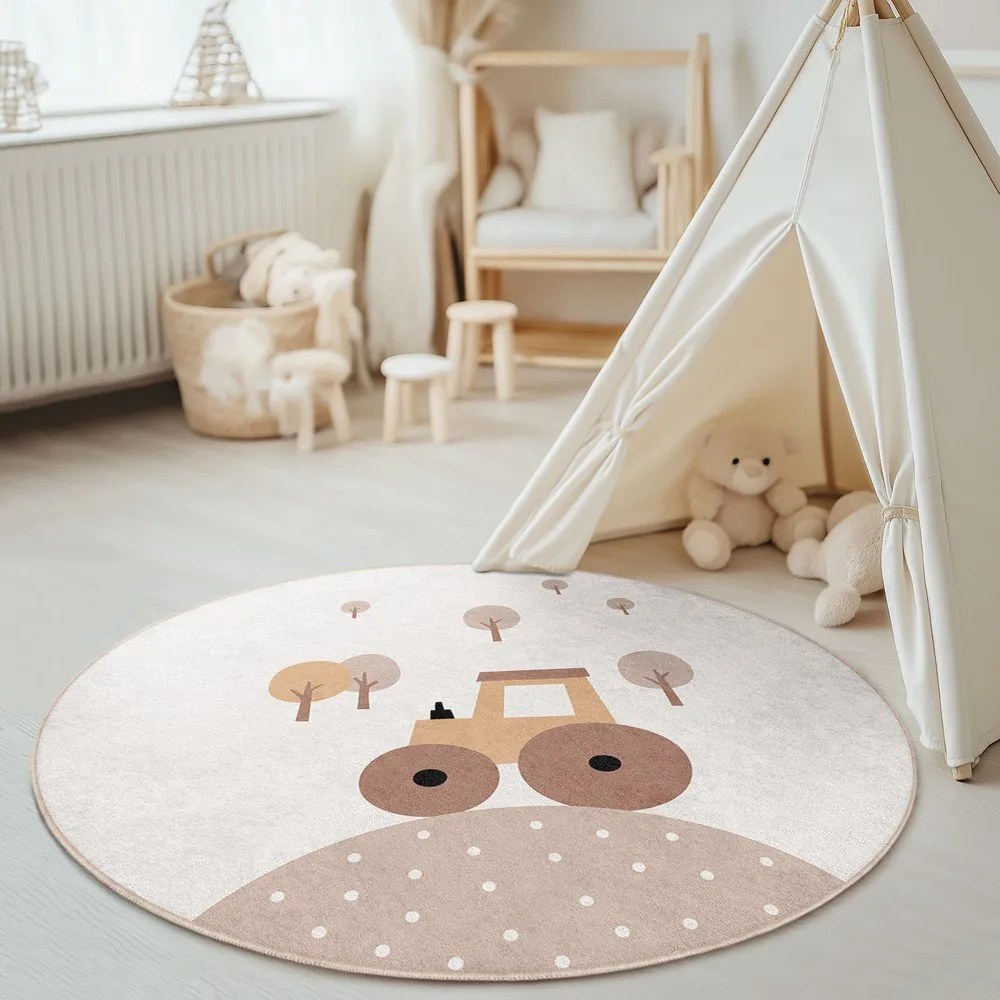 Beżowy dywan dziecięcy odpowiedni do prania ø100 cm Tractor World – Mila Home