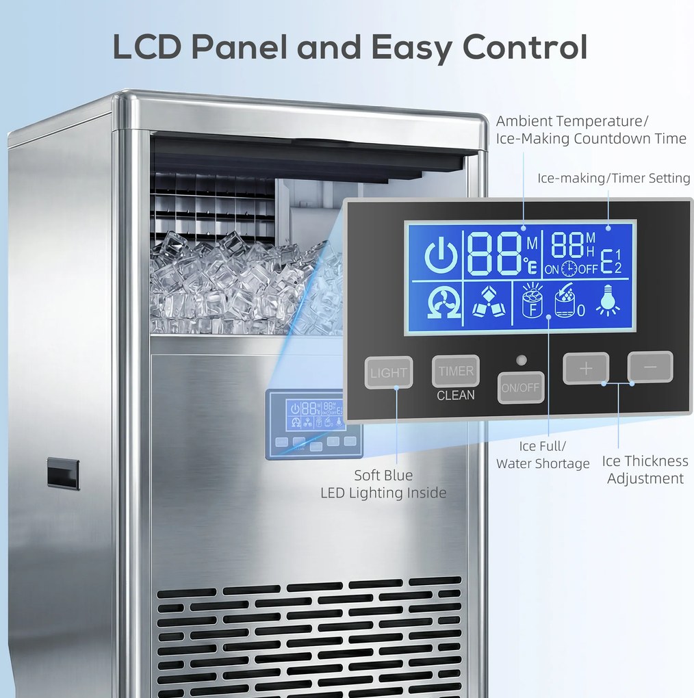 HOMCOM Komercyjna Maszyna do Lodu 45 kg/24H, Stal Nierdzewna, 15 kg Pojemności, Funkcja Samoczyszczenia, Srebrna | Aosom PL