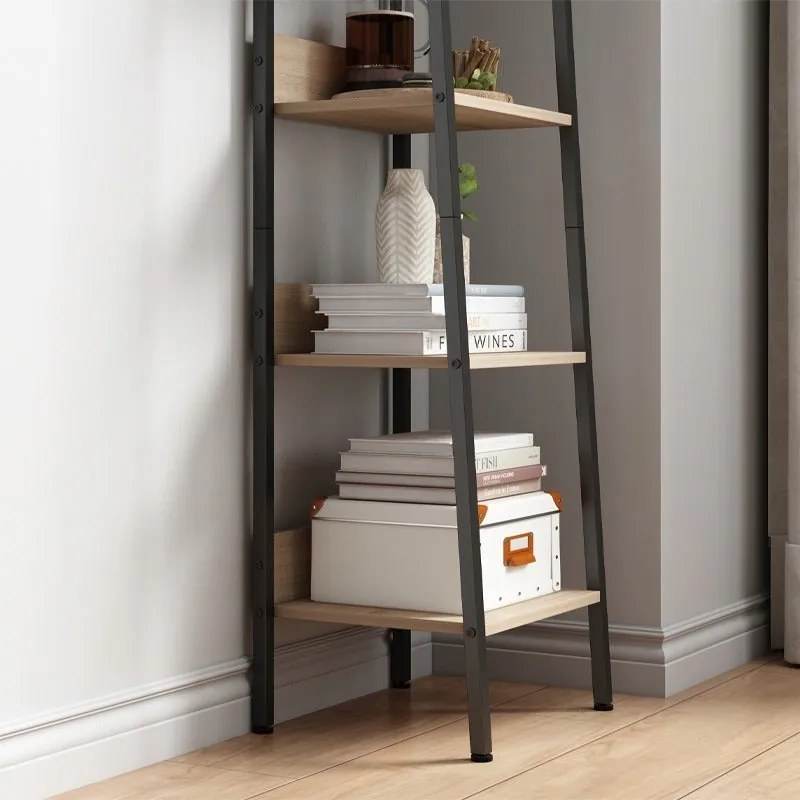 Industrialny wysoki regał stojący jasny brąz 5 półek drabinka na książki