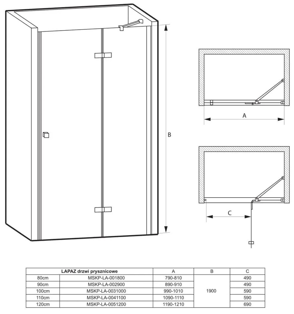 Drzwi prysznicowe uchylne 110 cm, szkło transparentne profile chromowane LAPAZ