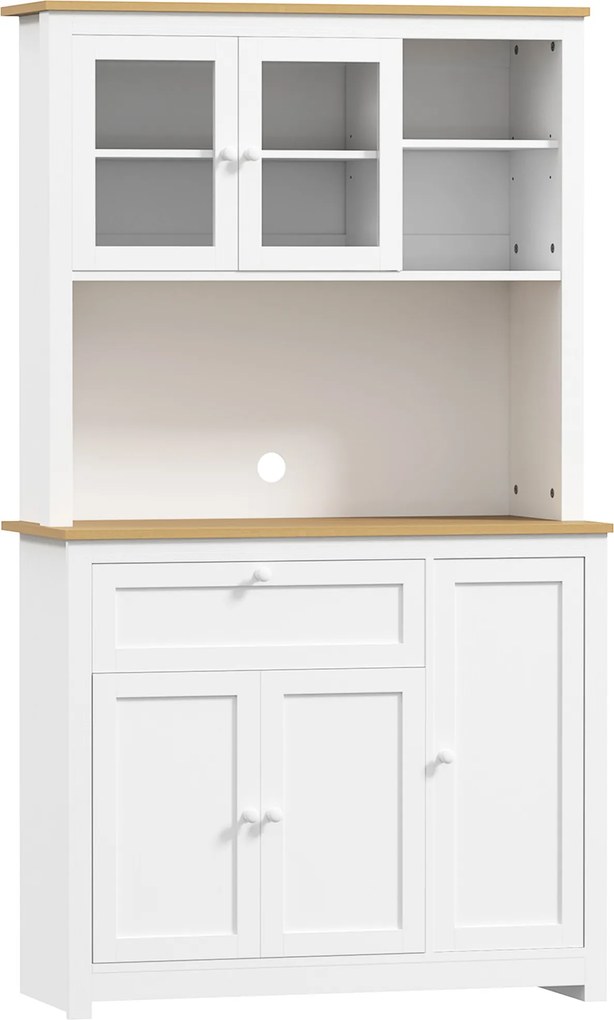 HOMCOM Szafka kuchenna w stylu wiejskim, 1 witryna, 1 otwarta półka, 1 szuflada, 2 szafki, Naturalne + Białe | Aosom PL