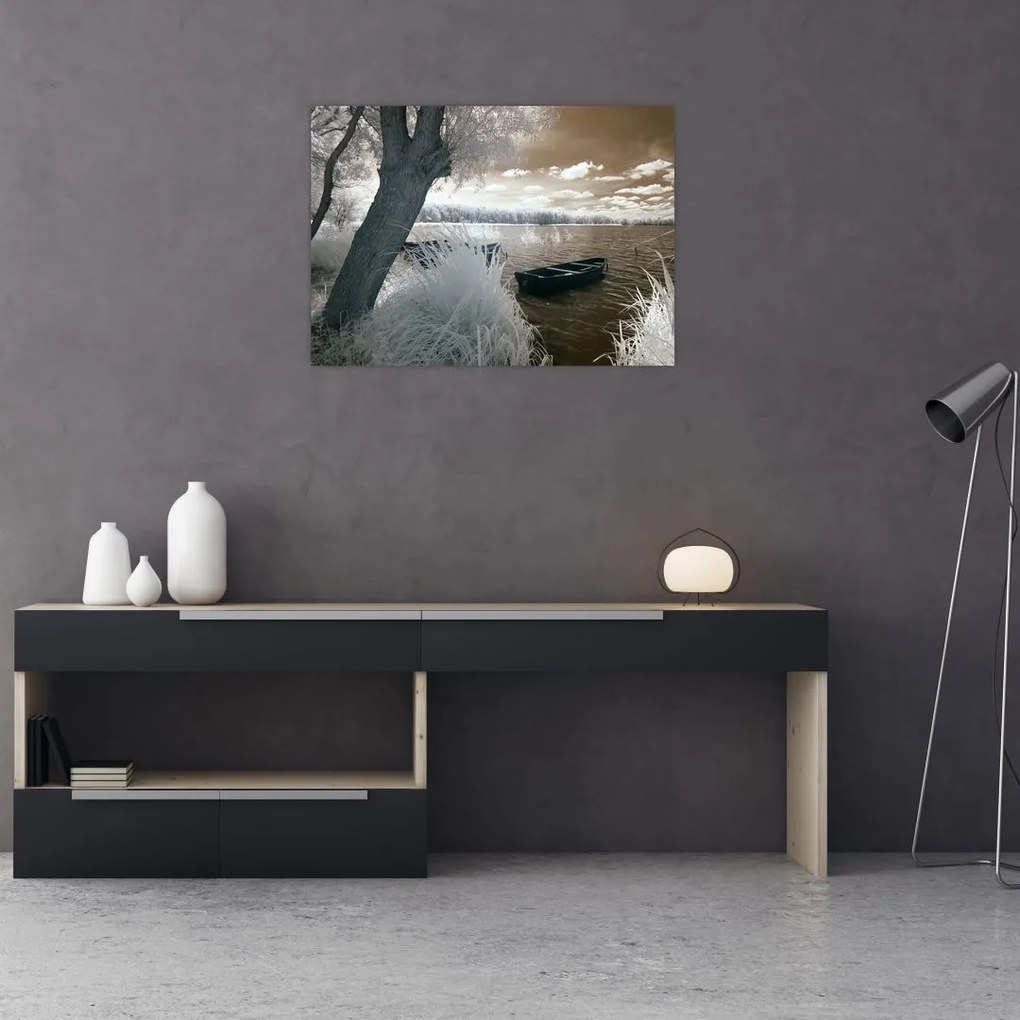Obraz na szkle łodzi na jeziorze (70x50 cm)