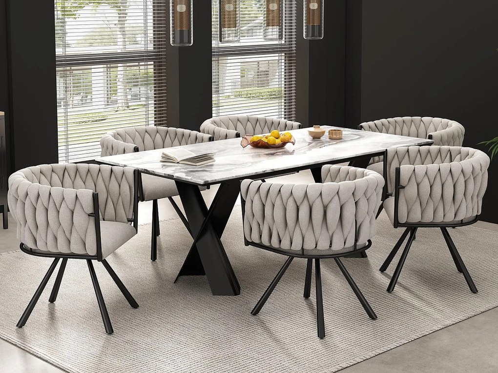 Zestaw 6 lnianych krzeseł obrotowych z podłokietnikami - czarne metalowe nogi - Beż