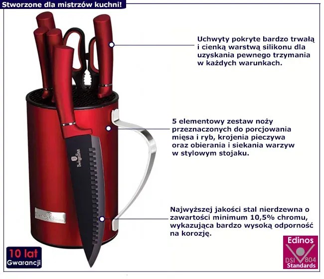 Czerwony zestaw stalowych noży z silikonową rączką - Ofrex 6X