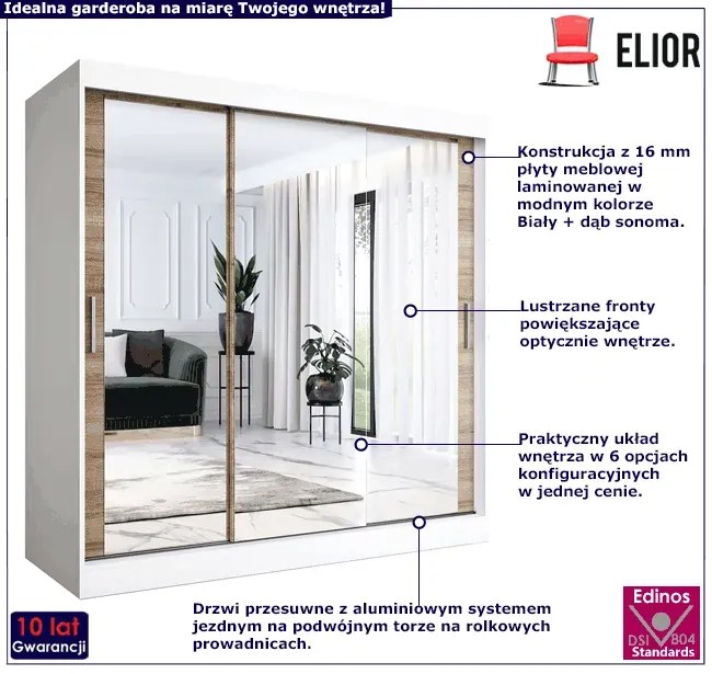 Szafa przesuwna z lustrem biały + dąb sonoma 200 cm - Kukkin 6X