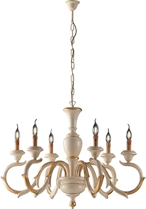 Żyrandol Fiorenza z drewna w kolorze kości słoniowej i złotego liścia, 6 świateł, 125 Ø91 BL172-6-AV