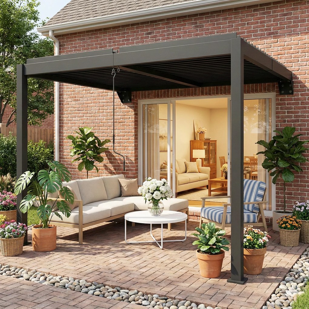 Outsunny Pergola ok. 3x3 m aluminiowa zadaszenie tarasu z regulowanym dachem lamelowym montaż na ścianie ciemnoszara | Aosom PL