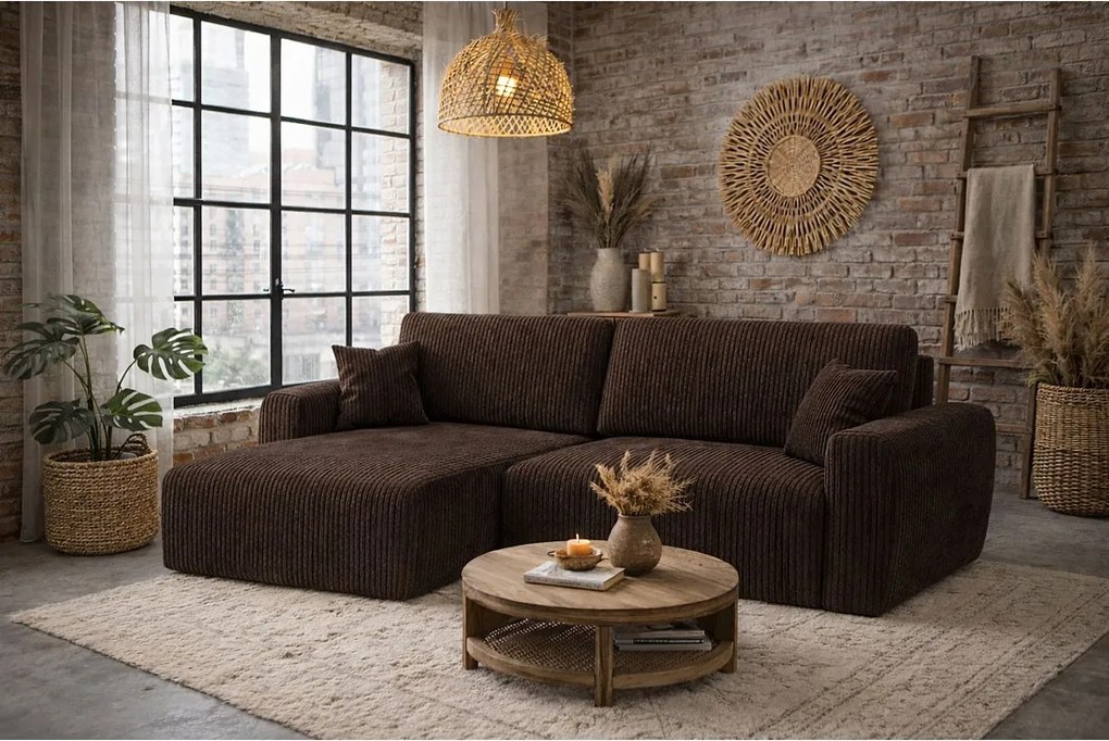 Narożnik z funkcją spania i pojemnikiem Ariel XL, tkanina sztruksowa Poso, Brązowy, Lewy