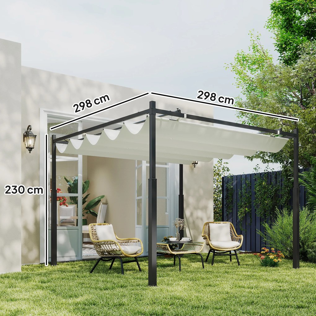 Outsunny Pergola Ogrodowa, 3 x 3 m, Rozsuwany Dach i Magnetyczna Podkładka, Baldachim Zewnętrzny, Pawilon Ogrodowy, UPF30+, Metal, Kremowobiały