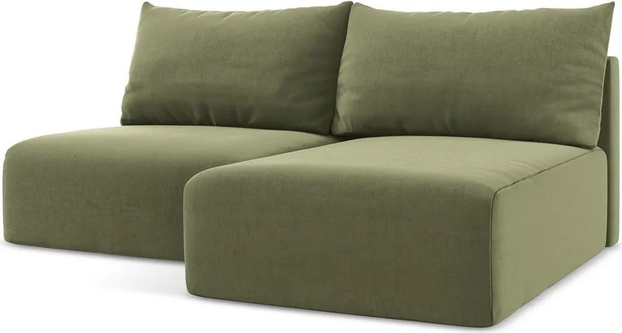 Zielony aksamitny rozkładany narożnik ze schowkiem (prawostronny/z szezlongiem) Kalena – Makamii